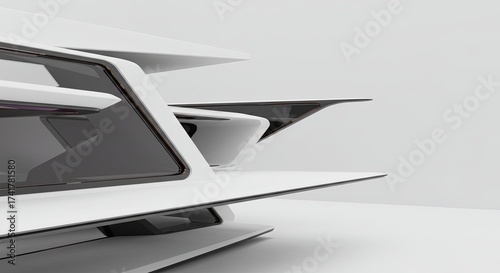 Fototapeta Naklejka Na Ścianę i Meble -  A dynamic close-up of a futuristic architectural or product design concept, featuring sleek white layers and glossy black aerodynamic forms on a clean background.