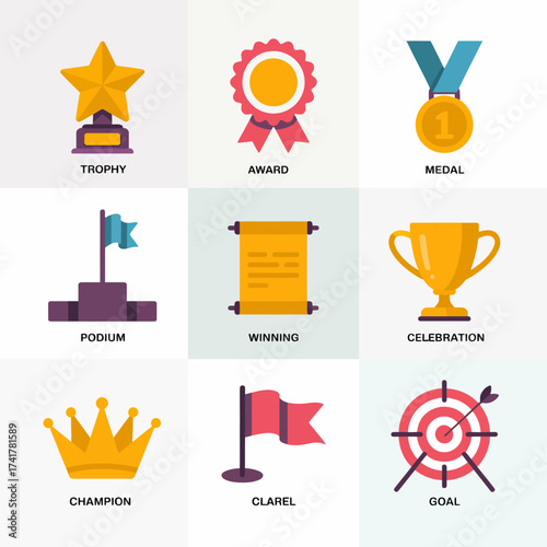 Set of nine flat design icons representing awards achievements and victory Keywords: trophy, award ribbon, medal, podium, scroll, winning, celebration cup, crown, flag, target, goal, champion