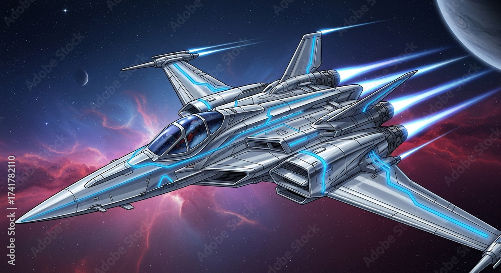 Naklejka premium Illustration of a sleek spaceship soaring through the cosmos with planets and stars, highlighting advanced technology and the spirit of space exploration