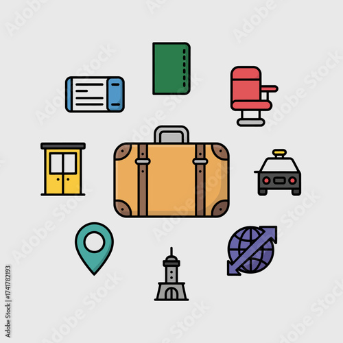 Travel and Transportation Icons Arranged in a Circle Around a Suitcase Keywords: travel, luggage, suitcase, passport, ticket, airplane, taxi, location pin, lighthouse, globe, transportation