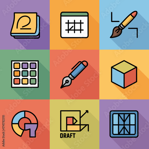 Vibrant grid of nine flat design icons for creative and design professions sticky notes calendar