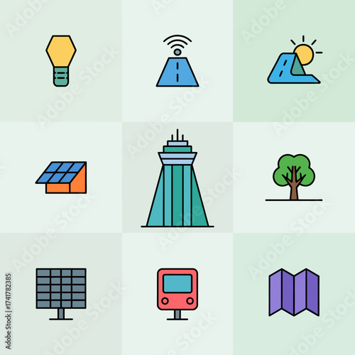 A collection of nine simple flat design icons for technology, nature, and urban elements light bulb road