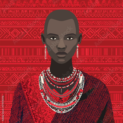 Maasai woman with bead necklace and shaved head vector illustration