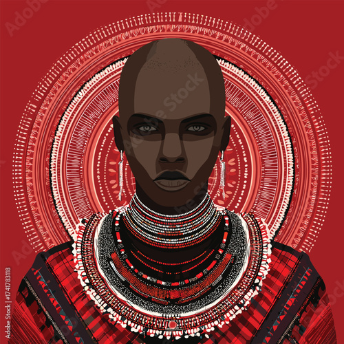 Maasai woman with bead necklace and shaved head vector illustration
