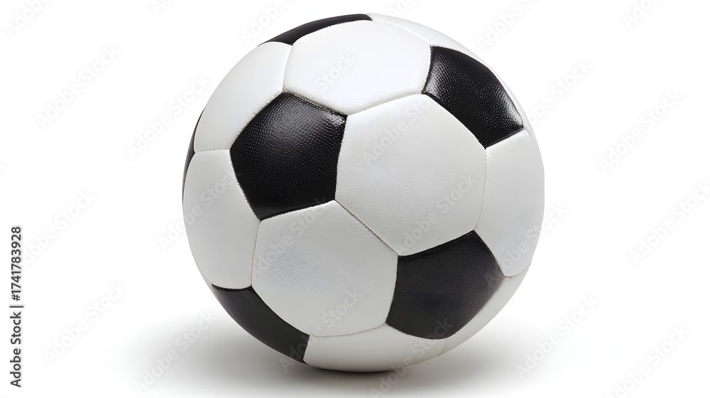 Fototapeta premium A classic black and white soccer ball rests on a pure white background, showcasing its iconic pentagonal and hexagonal panels.