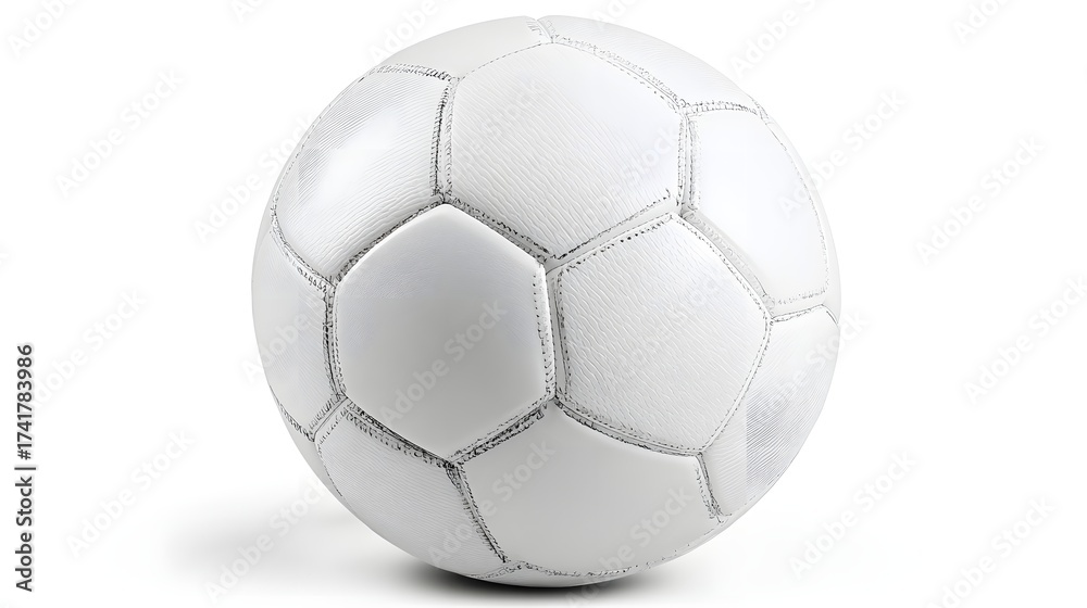 Fototapeta premium A white, spherical object, a sports equipment, prominently displayed against a clean white backdrop, demonstrating a view revealing intricate details of the panel structure and the stitched seams,...