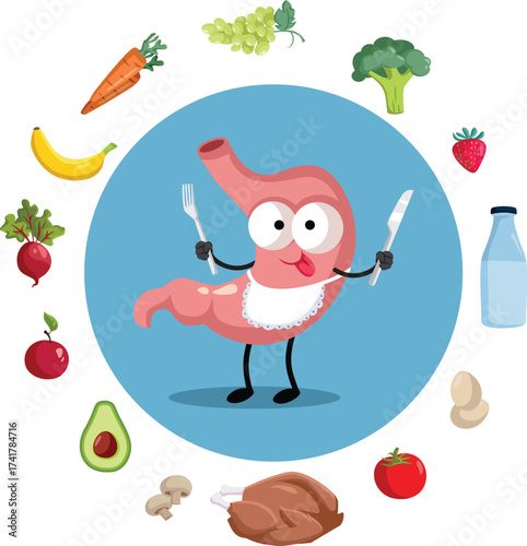 Funny Hungry Stomach Mascot with Knife and Fork Vector Illustration. Cheerful character feeling always hungry for more healthy foods 
