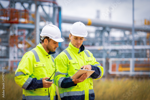 Engineers workers with tablet in a refinery - oil processing equipment and machinery, Industry zone gas petrochemical. Factory oil storage tank and pipeline. Workers in the refinery construction.
