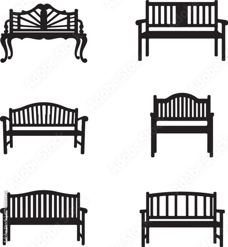 Six black silhouette park benches on white background