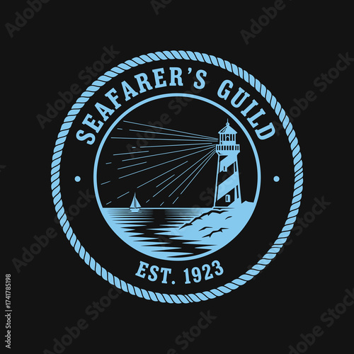 A vintage blue logo for the Seafarer's Guild, established in 1923, featuring a lighthouse and sailboat.
