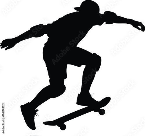 Skateboarder performing trick black silhouette white