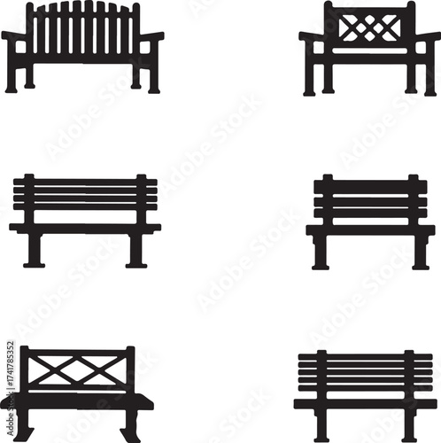 Six black silhouette park benches on white background