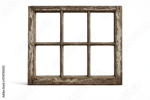 Weathered six pane farmhouse window isolated on white with rustic chipping paint