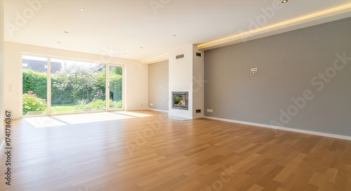 Wallpaper Mural A spacious, modern living room with hardwood floors, a fireplace, and a large window overlooking a backyard. Torontodigital.ca