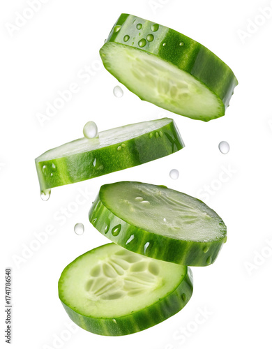 Fresh sliced cucumbers falling through air with water droplets dynamic food photography