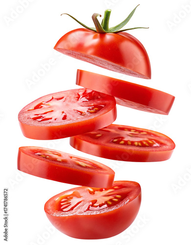 Fresh ripe tomato sliced and suspended in mid-air capturing juicy texture