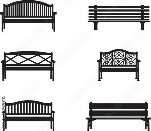 Six black park bench silhouettes on white background