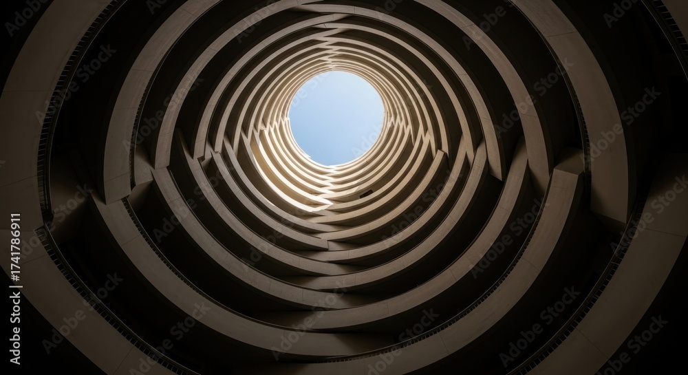 Obraz premium Ascending spirals form a cylindrical structure with sky view, creating depth and architectural precision