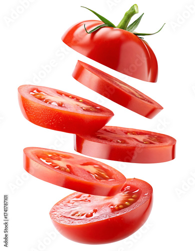 Fresh ripe tomato sliced mid-air capturing vibrant red color and juicy texture