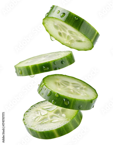 Wallpaper Mural Fresh cucumber slices falling through the air isolated on a dark surface Torontodigital.ca