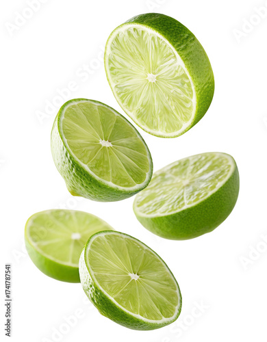 Fresh lime halves and slices frozen in mid-air for refreshing food photography