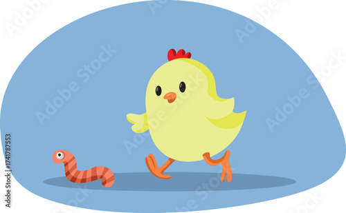 Funny Hungry Chick Running after Little Worm Vector Cartoon. Yellow chicken trying to catch a wormy for dinner   
 