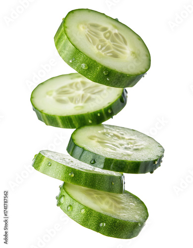 Fresh cucumber slices stacked and falling against a solid background for healthy eating