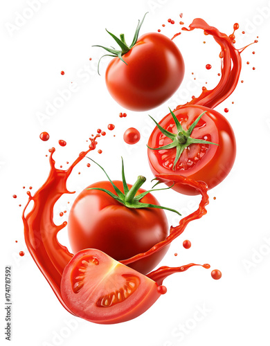 Fresh ripe tomatoes and juicy splash of tomato juice captured in mid-air dynamic motion