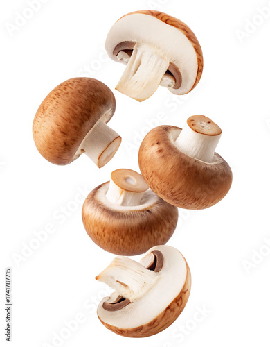 Fresh agaricus bisporus mushrooms falling isolated natural food ingredient culinary delight
