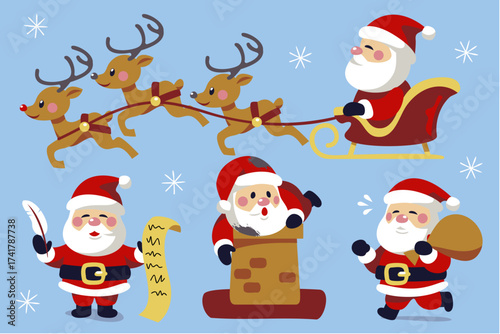Set of funny cute Santa Claus characters with different poses, emotions, holiday situations isolated on white background.