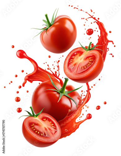 Fresh ripe tomatoes splashing juicy red liquid dynamic food photography