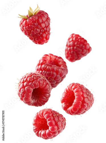 Fresh ripe raspberries falling isolated against a deep black void
