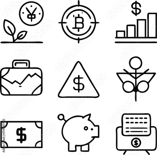 Finance and Cryptocurrency Line Icons — Money Growth, Bitcoin, Piggy Bank, and Investment Symbols