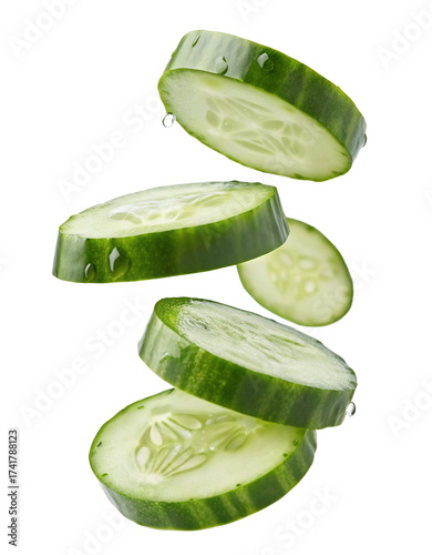 Fresh cucumber slices falling through air in motion studio shot