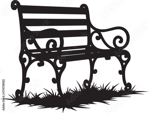 Black silhouette ornate park bench on grass white