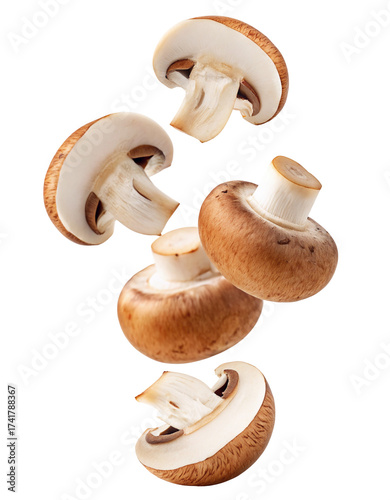 Fresh mushrooms captured in motion sliced and whole for culinary inspiration