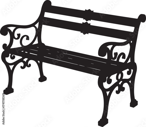 Black silhouette of ornate park bench on white background