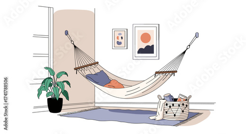 A cozy indoor hammock setup with potted plants and decorative art on the wall.
