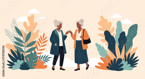 Two elderly women standing amidst lush greenery and colorful abstract foliage.