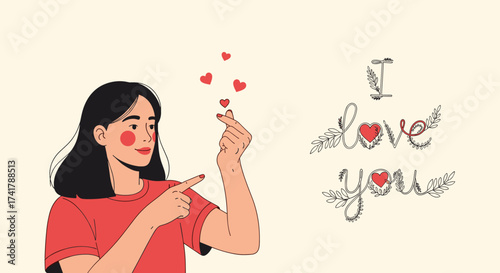 A young woman expresses her love with a gesture and a sweet message.