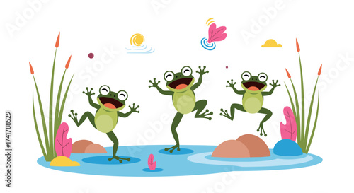 Three joyful green frogs are happily jumping in a pond on a sunny day.