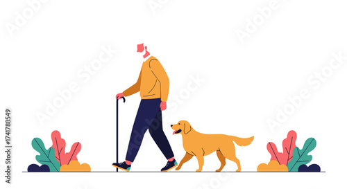 An elderly man with a cane walks with his loyal golden retriever dog in a park surrounded by colorful bushes.