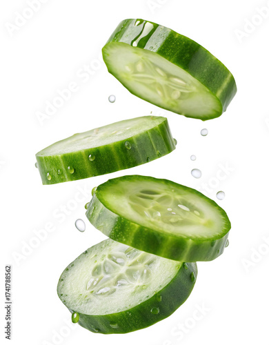 Fresh cucumber slices falling mid-air against a with water droplets