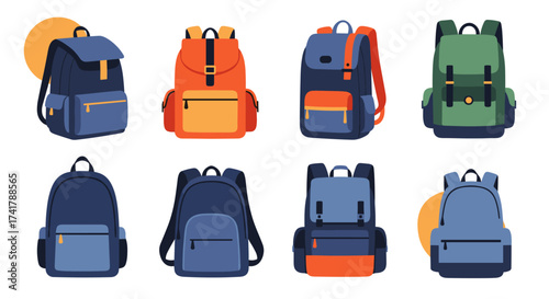 A collection of different styles and colors of backpacks displayed in two rows against a white background.