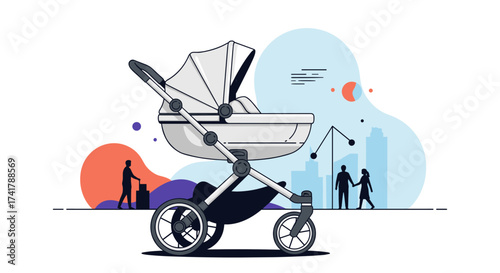 A modern baby stroller stands ready for family adventures in the city park on a sunny day.