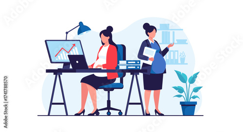 Pregnant employees working in an office environment with computers and plants.
