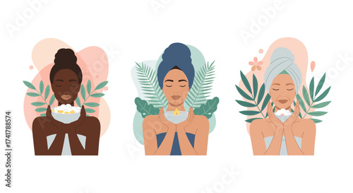 Three women in towels with plants and skincare products in a soft abstract background.