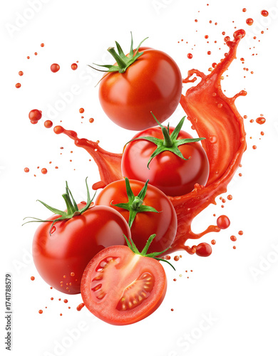 Juicy ripe tomatoes splashing in vibrant red sauce dynamic food photography