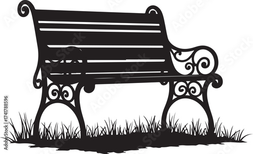 Black silhouette of ornate park bench on grass black and white