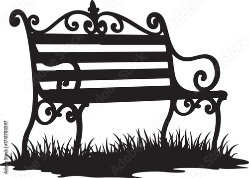 Black silhouette of ornate park bench on grass black and white